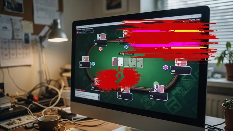A computer monitor on a cluttered desk displays an online poker game with visible cards, chips, and player bets on a green table.