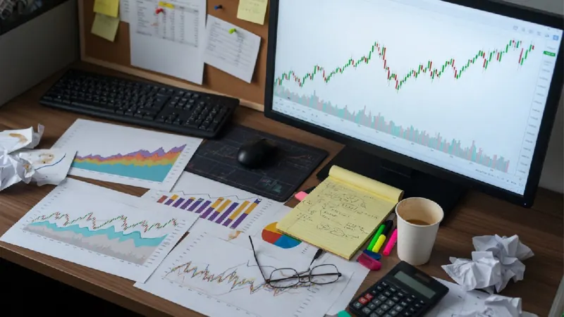 A cluttered wooden desk in an office features a computer monitor displaying candlestick stock charts, surrounded by printed graphs.