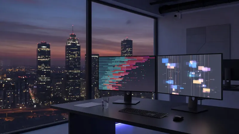 Modern office desk with dual monitors displaying colorful data visualizations.