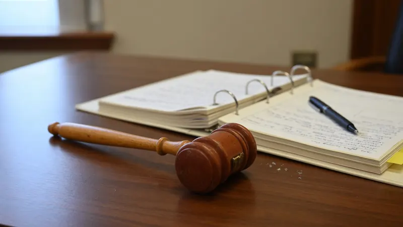 A wooden gavel rests on a desk in front of an open three-ring binder filled with handwritten documents and a black pen.