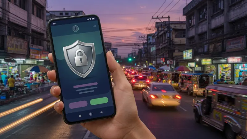A hand holds a smartphone displaying a security shield and lock icon against a bustling city street at dusk with vehicles and market stalls.
