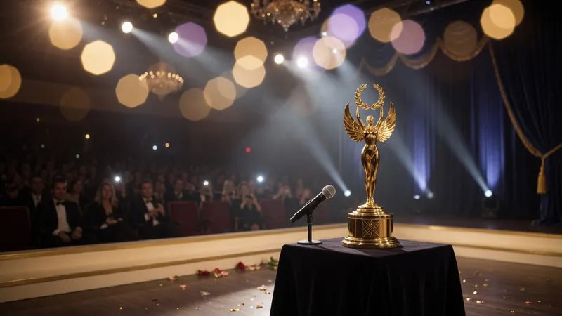 Golden winged trophy on a table with a microphone in a theater auditorium filled with an audience under spotlights and chandeliers.